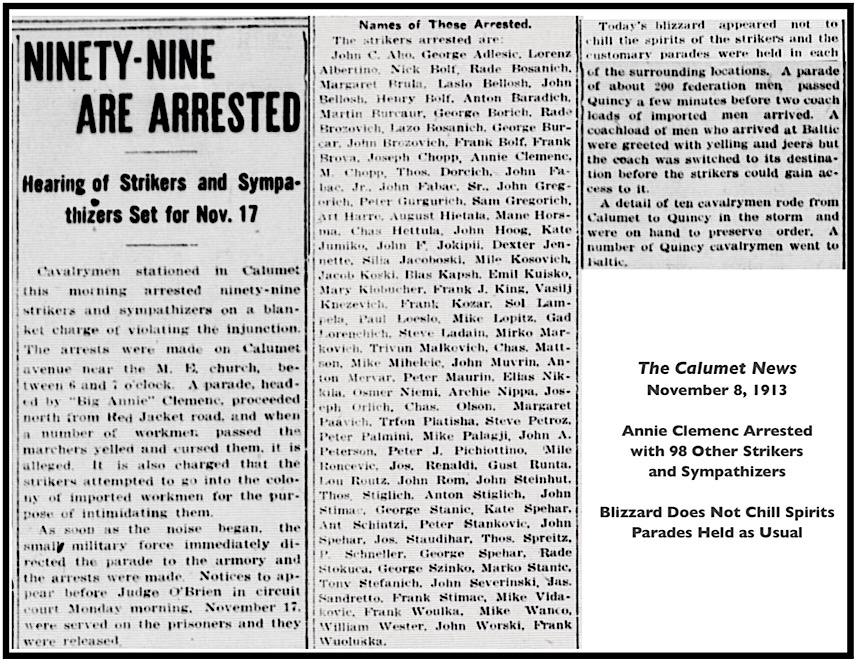 MI Annie Clemenc Arrested with 98 Others Marching in Blizzard, CNs p8, Nov 8, 1913