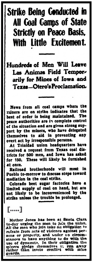 CO Coal Miners Strike Peaceful, Mother Jones in Santa Clara, RMN p1, Nov 11, 1903
