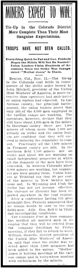 CO Coal Miners Tie Up Complete, Mother Jones There, Ptt Hdlt p5, Nov 12, 1903