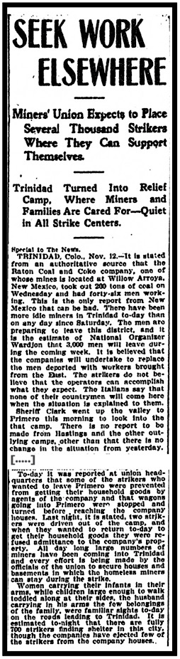CO Coal Strike, Miners Seek Work Elsewhere, Families to Tent Colonies, RMN p5, Nov 13, 1903