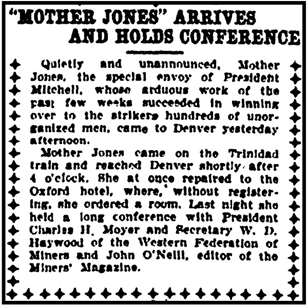 Mother Jones Arrives in Dnv,, RMN p5, Nov 13, 1903