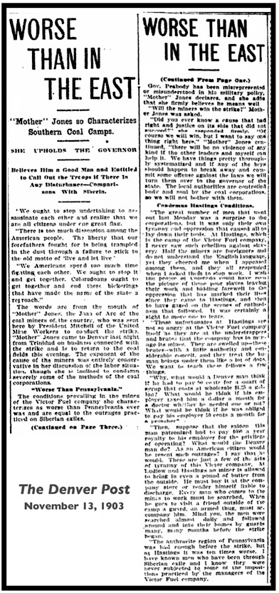 Mother Jones Interview re CO Coal Strike, Dnv Pst p1n3, Nov 13, 1903