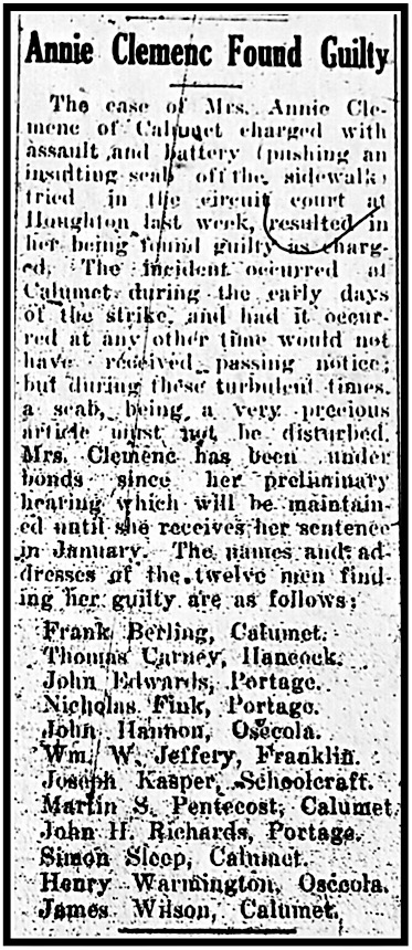 Annie Clemenc Found Guilty, MI Mnrs Bltn p1, Nov 15, 1913