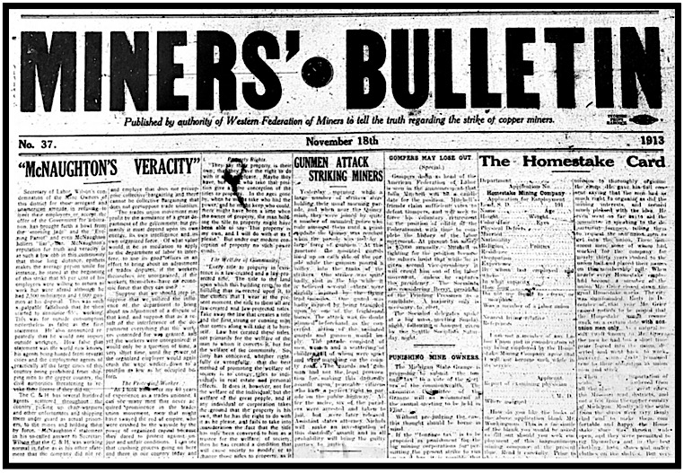 Miners Bulletin Mnrs Bltn p1, McN v WBW, Gunmen Attack Striking Miners, Nov 18, 1913