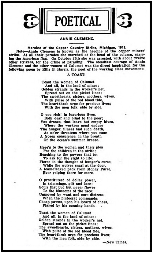 Poem for Annie Clemenc by Ellis Harries, Mnrs Mag p14, Nov 27, 1913