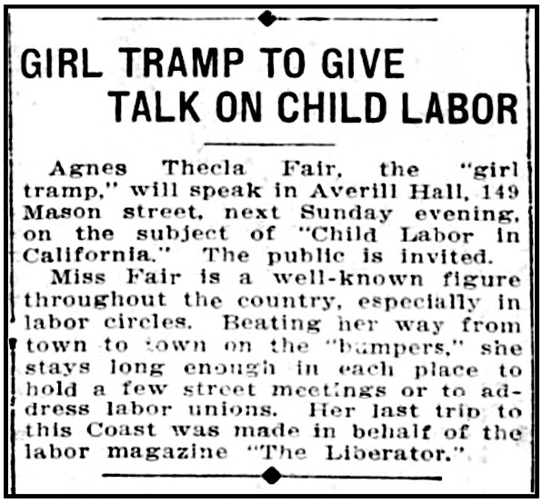 Agnes Thecla Fair Girl Tramp re Child Labor, SF Bltn p8, Nov 27, 1913