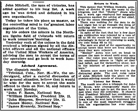 CO Northern Miners Settle, Mitchell Victory Over Mother Jones, Dnv Pst p1, Nov 29, 1903