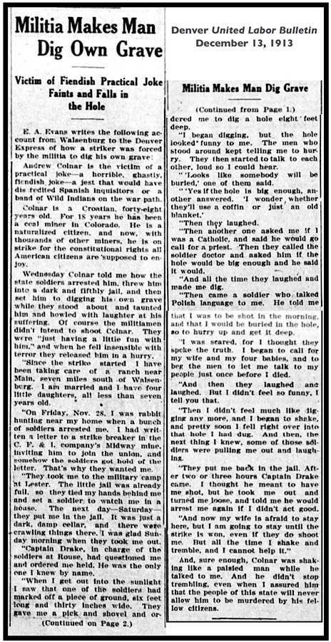 CO Militia Makes Colnar Dig Own Grave, Dnv ULB p1,2, Dec 13, 1913