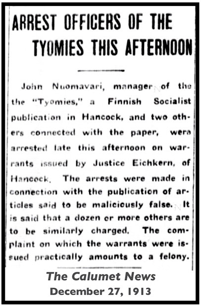 MI Tyomies Arrests, Calumet Ns p1, Dec 27, 1913
