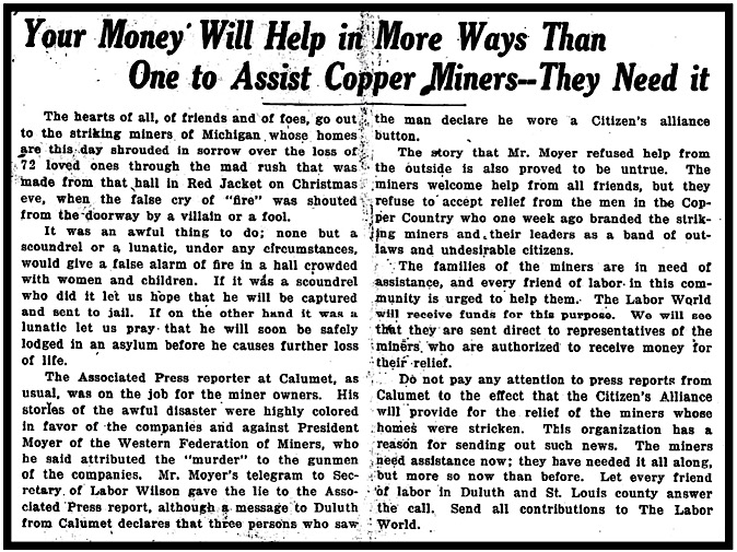 MI Copper Miners Need Assistance, LW p1, Dec 27, 1913