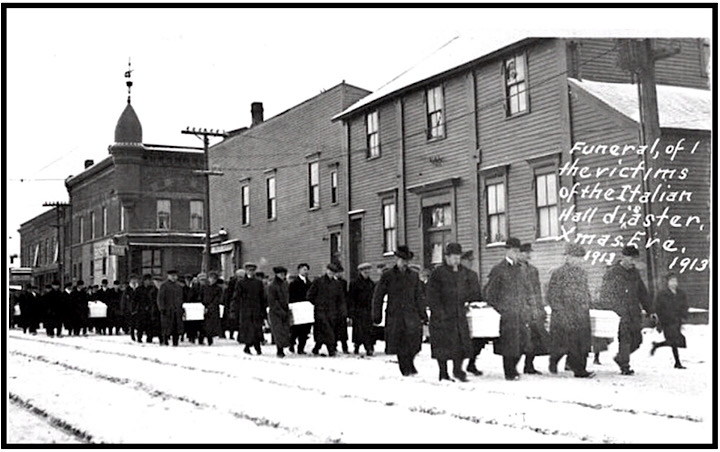 Calumet Mass Funeral Miners March to Cemetery with Little White Coffins, Dec 28, 1913, MI Tech Archives
