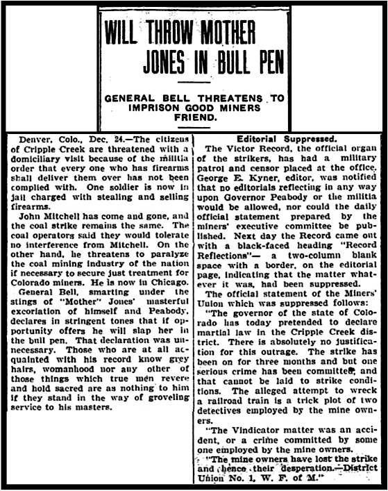 Gen Bell Will Throw Mother Jones in Bull Pen, LW p1, Jan 2, 1904