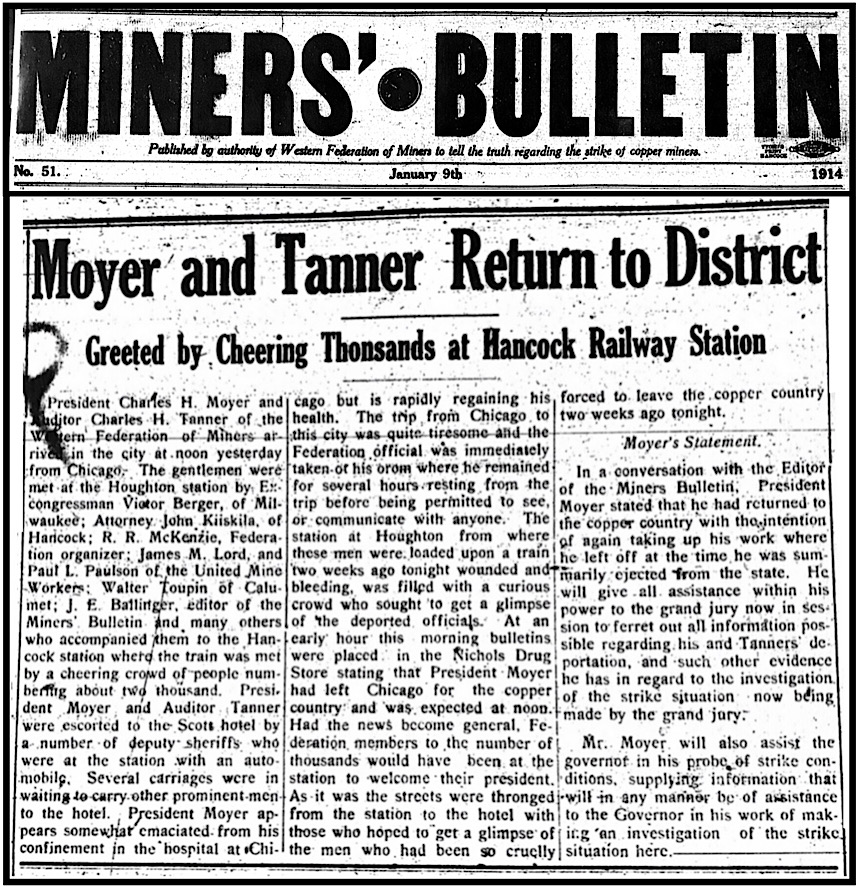 Moyer and Tanner Return to Michigan Copper Country, MB p1, Jan 9, 1914