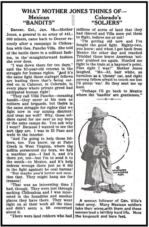 Mother Jones re Mexican Bandits n CO Soldiers, Day Book p15, Jan 16, 1914