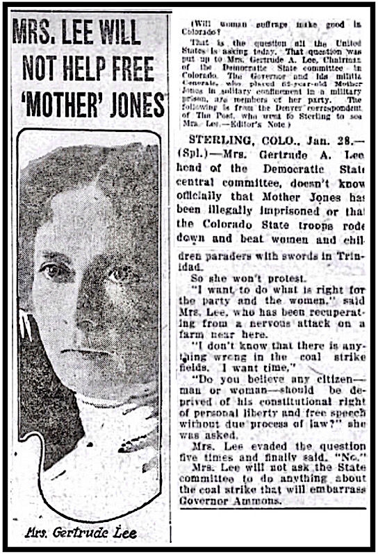 Mrs Gertrude Lee, Chair of CO Dem State Com, Will Not Help Mother Jones, Cnc Pst p3, Jan 28, 1914
