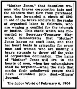 Mother Jones Gives 500 Dollars to CO Strikers, LW p4, Feb 6, 1904