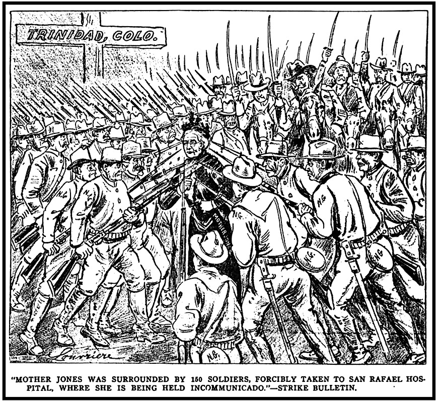 Cartoon Mother Jones Surrounded by Soldiers Trinidad, ISR p462, Feb 1914