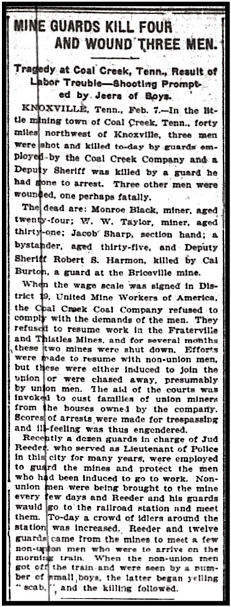 Coal Creek TN Massacre, NYT p1, Feb 8, 1904