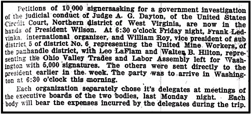 Wheeling Mass Meeting Feb 8 v Petition Fed Judge Dayton of US No Dist WV, Fannie Sellins re Colliers Mine Strike, Wlg Maj p1, Feb 12, 1914