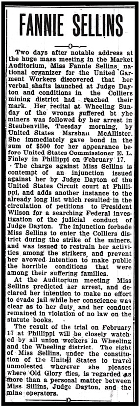Fannie Sellins Arrested re Colliers Mine Strike, Wlg Maj p1, Feb 12, 1914