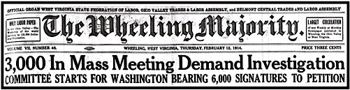 Wheeling Mass Meeting Feb 8 v Fed Judge Dayton of US No Dist WV, Fannie Sellins re Colliers Mine Strike, Wlg Maj p1, 2, 3, 6, Feb 12, 1914