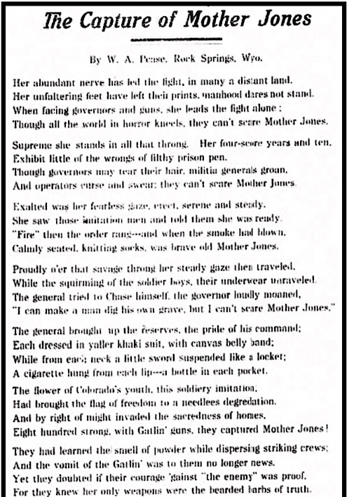 Poem Capture of Mother Jones by WA Pease, Sc Lbr Str p1, Feb 13, 1914