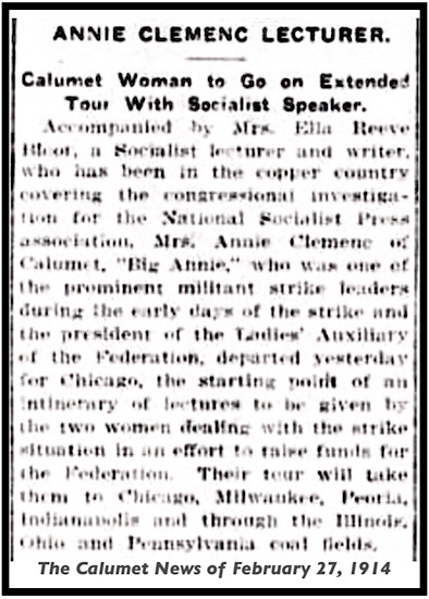 Annie Clemenc Leaves on Speaking Tour w Bloor, CNs p8, Feb 27, 1914