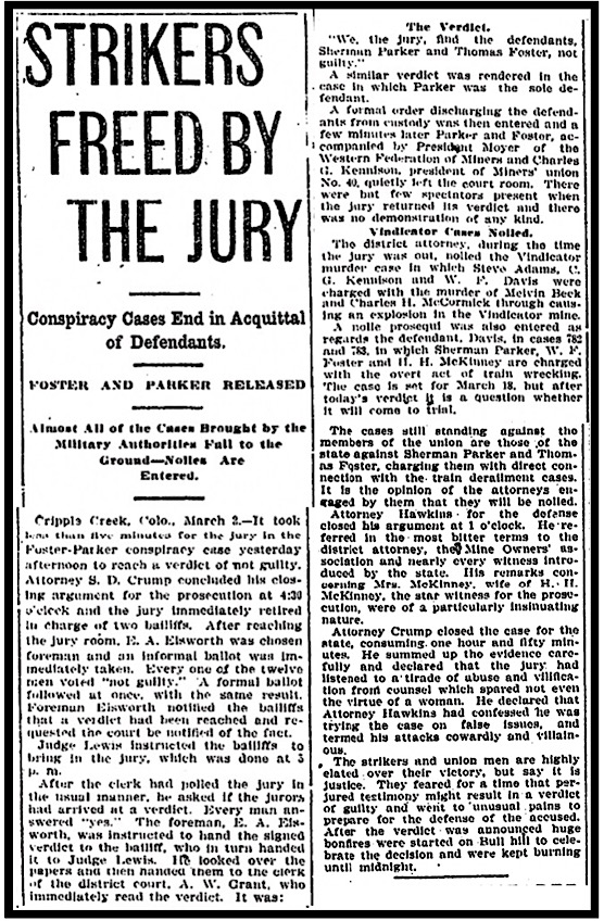 Cripple Creek CO Strikers Freed by Jury, DP p1, 8, Mar 3, 1904