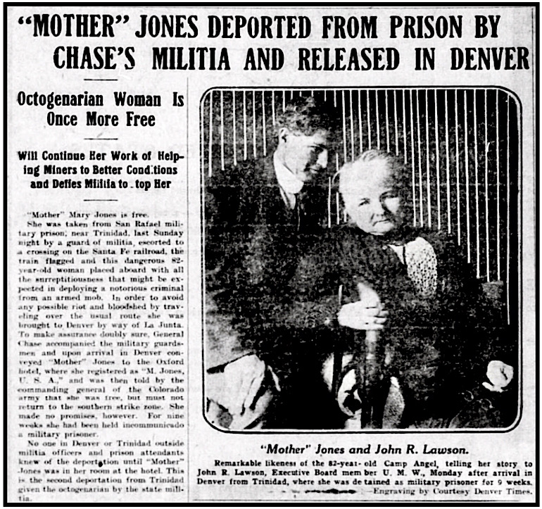 Mother Jones w Lawson at Denver, HdLn Deported fr Trinidad CO, ULB p1, Mar 21, 1914