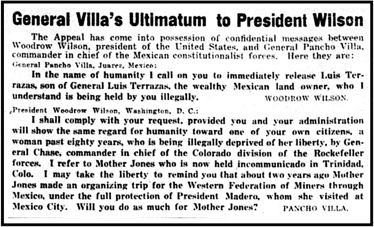Gen Villa to Prez Wilson re Mother Jones, AtR p1, Mar 21, 1914