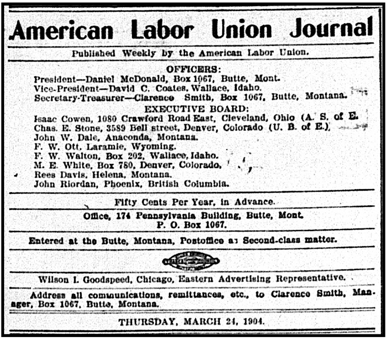 American Labor Union Journal, Pubd by ALU, Officers and Exec Board, ALUJ p2, Mar 24, 1904