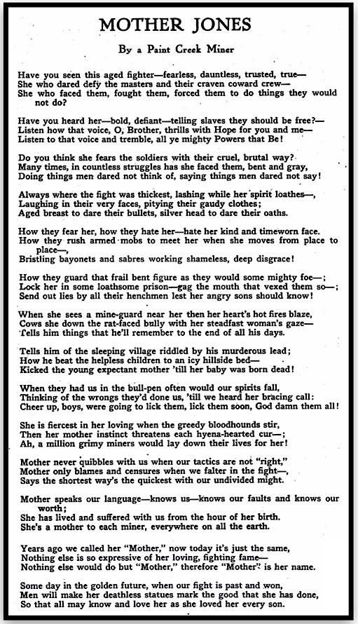Mother Jones Poem by Paint Creek Miner, Ralph Chaplin, ISR p604, Apr 1914