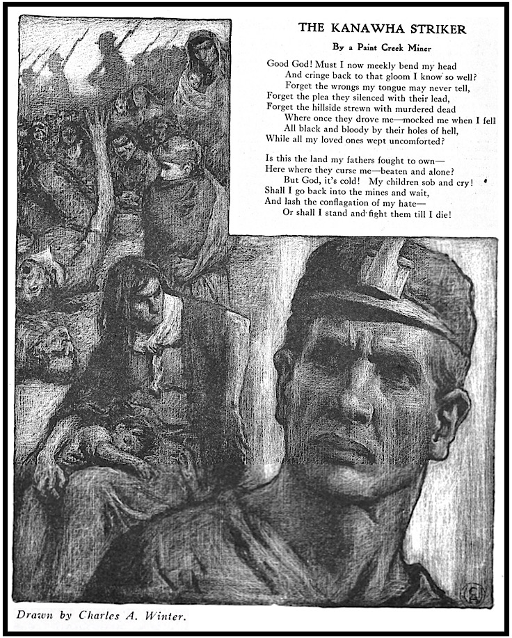 The Kanawha Striker POEM by Paint Creek Miner, Ralph Chaplin, DRWG Charles Winter, Masses p17, Apr 1914