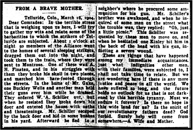 Brave Mother re Telluride CO Deportations, AtR p1, Apr 2, 1904
