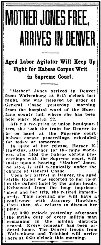 HdLn Mother Jones Free, Arrives in Denver CO, RMN p14, Apr 17, 1914