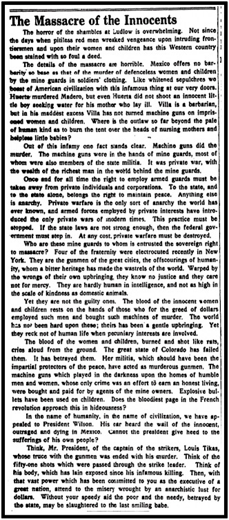 Ludlow Massacre of Innocents, Editorial RMN p6, Apr 22, 1914