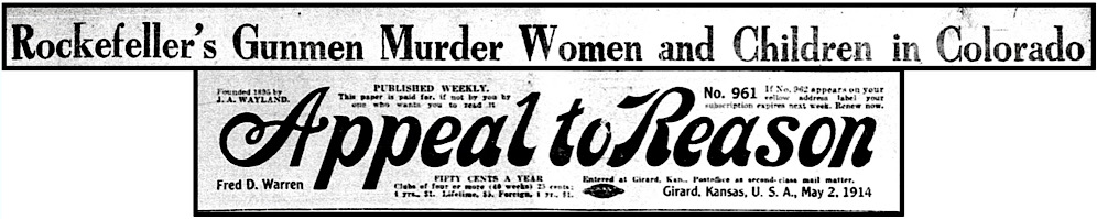 Masthead JDR Jrs Gunthugs Murder Women and Children at Ludlow, AtR p1, May 2, 1914