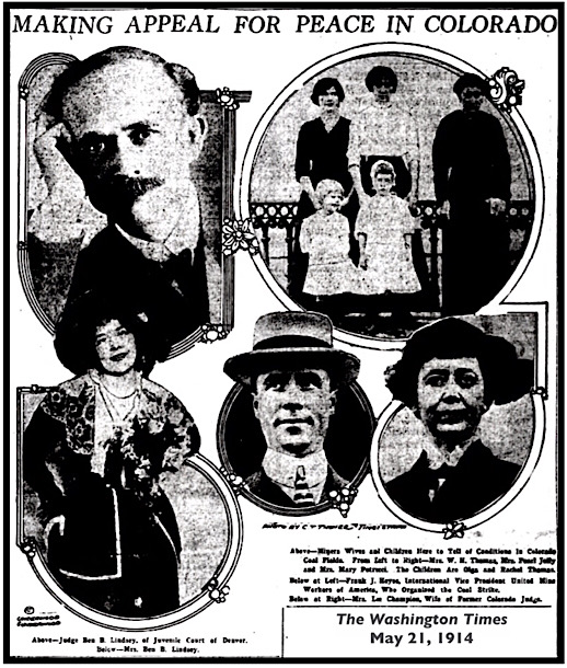 Judge Lindsey, Mary Thomas, Pearl Jolly, Mary Petrucci, Thomas Girls. Mrs Lindsey, Frank Hayes, Mrs Lee Champion, WDC p1, May 21, 1914