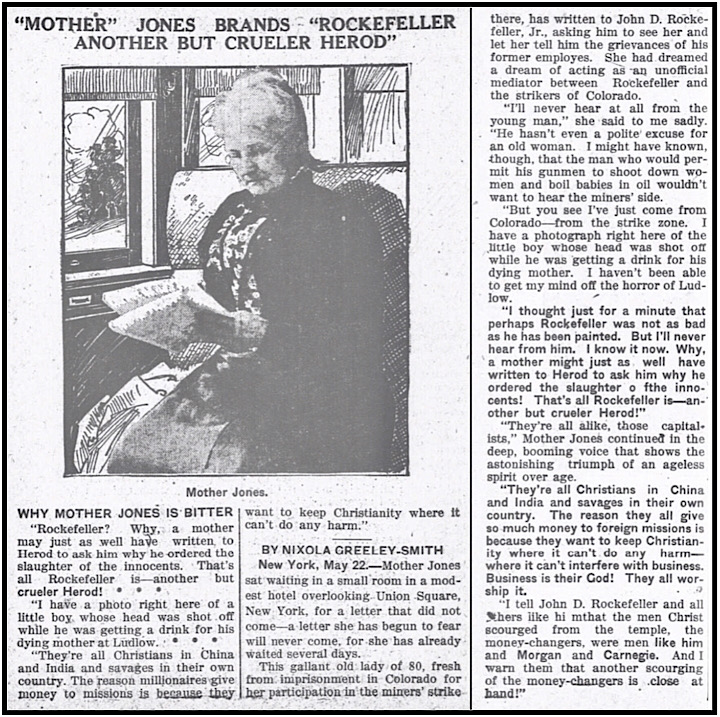 Mother Jones re Rockefeller, Crueler Herod, Day Bk p5, 6, May 22, 1914