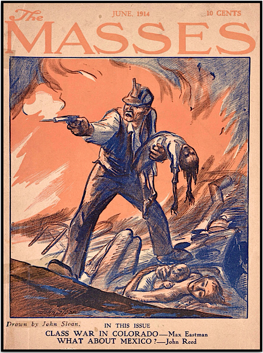 Ludlow Massacre, Miner w Child by J Sloan, Masses Cv, June 1914