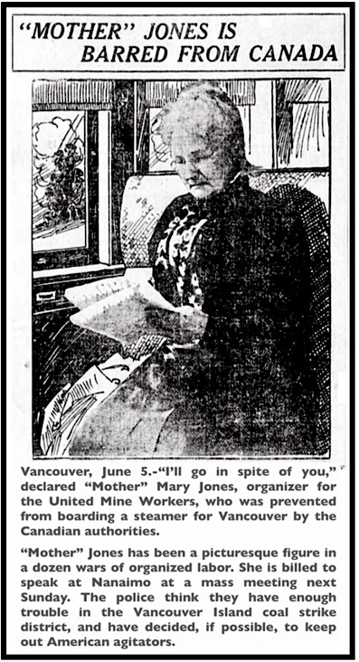 Mother Jones Barred from Canada, Wpg Tb p1, June 5, 1914