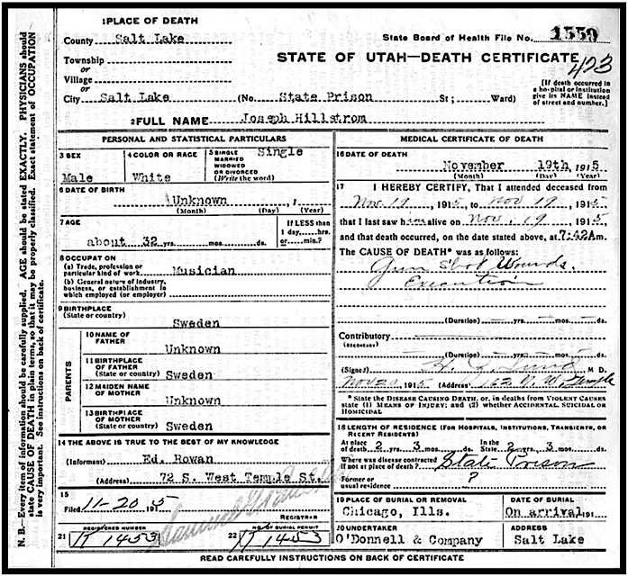 Joe Hill, Joseph Hillstrom, Death Certificate State of Utah, Nov 19, 1915