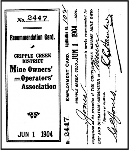 Cripple Creek District CO MOA Permit Card, June 1, 1904, EFL 1905 p346