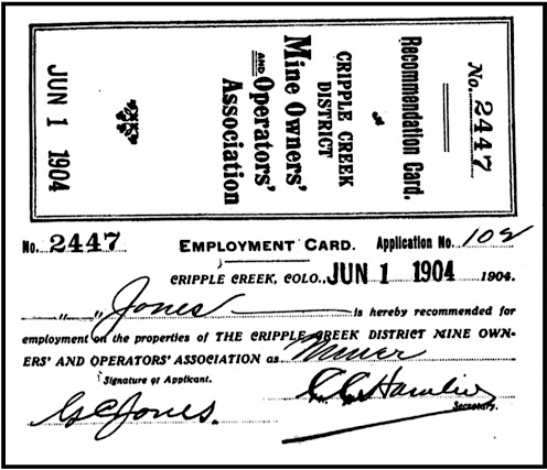 Cripple Creek District CO MOA Permit Card, June 1, 1904, copy, EFL 1905 p346