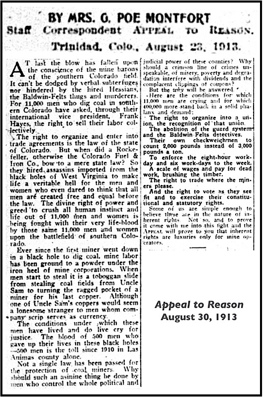 Article by G. Poe Montfort Colorado Strike Correspondent, AtR p1, Aug 30, 1913