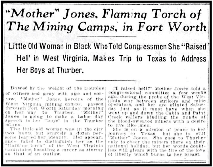 Mother Jones at Thurber TX f Lbr Day, Ft Worth Rec p1, Aug 31, 1913