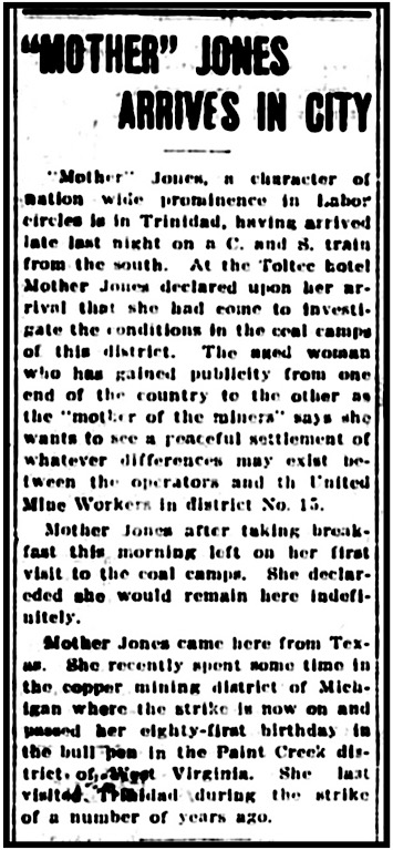 Mother Jones Arrives in Trinidad CO, Chc Ns p5,  Sept 3, 1913