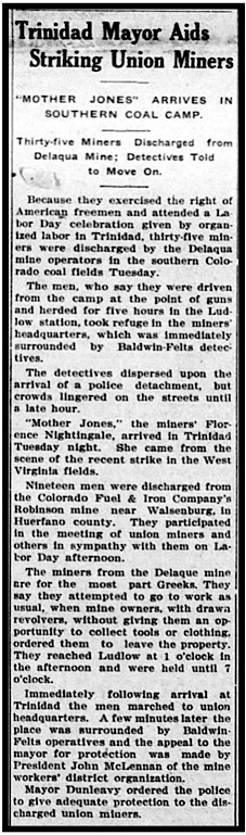 Mother Jones Arrives in So CO, Delagua Miners Discharged, Dnv ULB p1, Sept 6, 1913