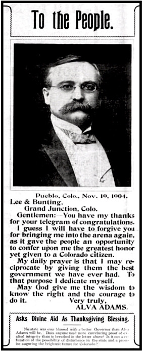 Alva Adams, Grand Junction CO Dly Sent, p1, Nov 23, 1904